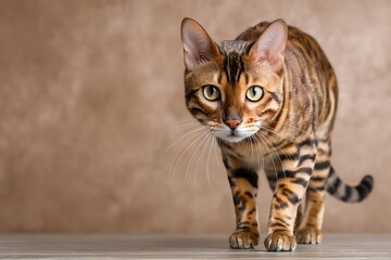 Obraz premium Bengal Cat Portrait: A Captivating Gaze and Striking Markings Against a Neutral Backdrop