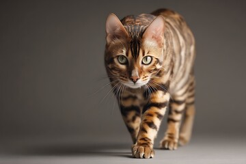 Obraz premium Bengal Cat Prowling: A Striking Portrait of Feline Elegance and Graceful Movement in a Studio Setting