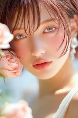 バラの側に佇む日本人の若い女性