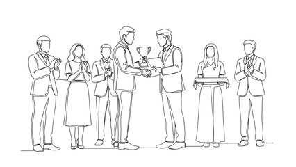 Continuous Line Art of Award Ceremony – Black Minimalist Vector of People Receiving Trophies and Certificates Representing Recognition, Achievement, and Prize Giving Celebration