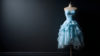 A light blue luxury dress on a mannequin against a black wall, with copy space for text. A dress design illustration for a boutique banner background.