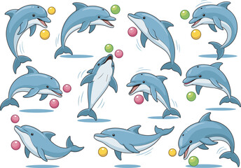 Twelve cartoon dolphins playing with colorful balls, dynamic poses, expressive faces, marine life illustration, playful sea animals, educational aquatic character set