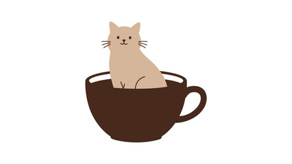 Flat vector cat sitting inside a coffee cup silhouette, brown and beige on pure white background , cozy morning comfort concept.