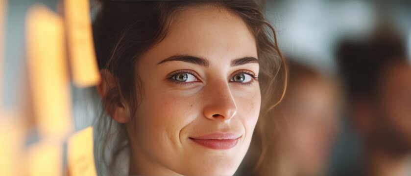 Creative brainstorming session with diverse colleagues using sticky notes on whiteboard showing empathy and collaboration, modern teamwork and inclusive leadership for professional workplace culture - Powered by Adobe