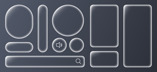 Futuristic Liquid Glass Button and Interface Banner Set, Glowing Transparent Panels and Tech Frames for Mobile and Web UI Design, Vector PNG Collection