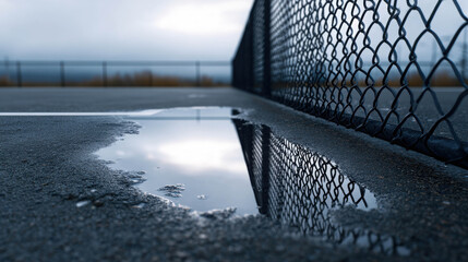Realistic view of wet tennis court corner with reflective water puddle and chain link fence under cloudy sky