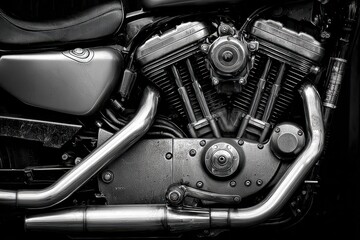 Obraz premium Detailed view of a motorcycle engine showcasing exhaust pipes and mechanical design features under natural light