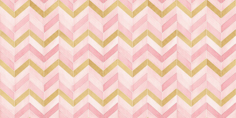 Elegant seamless pattern with pink watercolor and gold glitter chevrons. Repeating geometric herringbone background for modern design