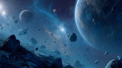 Panoramic view of the vastness of space with planets and stars on a dark blue background. Outer space background illustration.