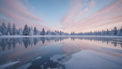 Fototapeta premium Calm Frozen Lake Landscape with Snowy Trees at Colorful Winter Sunrise