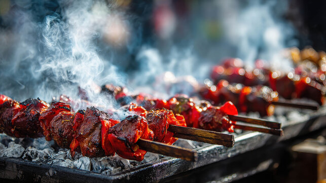 Sizzling Charcoal Skewers of Peruvian Anticuchos Cooking Over Flames Outdoors with Smoky Aroma in Vibrant Atmosphere