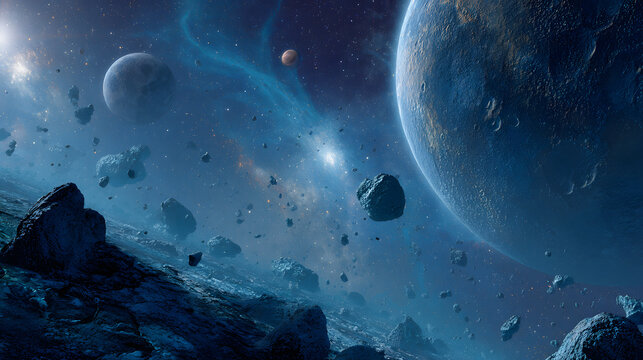 Panoramic view of the vastness of space with planets and stars on a dark blue background. Outer space background illustration.