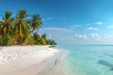 Naklejka premium Stunning tropical beach with white sand and clear blue waters, surrounded by palm trees, inviting relaxation and sunbathing under a bright sky