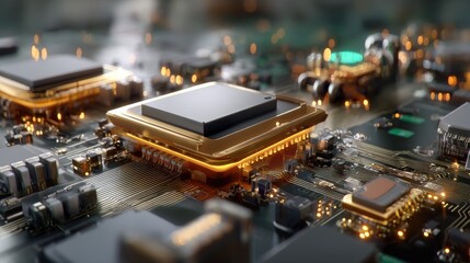 Close-Up View of a Computer Circuit Board with Microchips and Complex Electronic Components