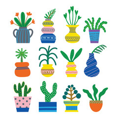 Hand Drawn Potted Plant Vector Set, Colorful Indoor Houseplant Illustration Collection