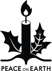 A black and white illustration of a lit candle with holly leaves, Christmas Stamp SVG, Posted Stamp SVG