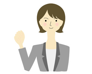 ガッツポーズをする女性　ボブ外はね
A woman making a fist pump with one hand Bob hair