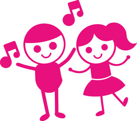 Joyful boy and girl dancing together with musical notes