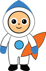 Child astronaut holding a rocket on a white background