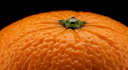 Close-up of Bright Orange Kumquat Fruit with Textured Skin and Green Stem on Black Background