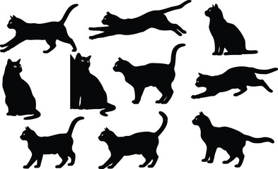 Black cat silhouette set in various poses including walking, sitting, jumping, crouching, stretching—perfect for animal design and illustration projects.