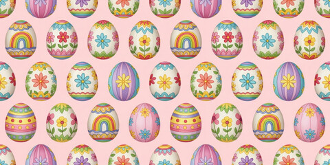 Seamless pattern of colorfully decorated Easter eggs. Whimsical illustration with flowers, rainbows, and stripes. Festive holiday background