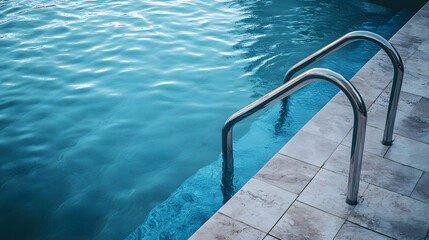 Obraz premium Swimming pool with blue marble paving around the edge and handrails. Illustration of a swimming pool background with empty space.