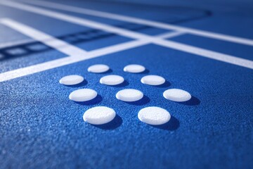 Pickleball sport symbol on blue court surface with unique markings and lines in bright daylight
