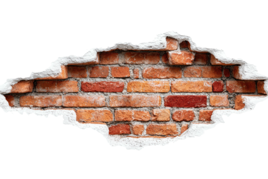 Broken wall reveals brickwork beneath plaster