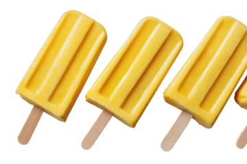 Three yellow popsicles in a row, wooden sticks, close-up