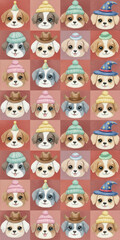 Obraz premium Seamless pattern of cute puppy faces wearing various hats. Vertical kawaii illustration of dogs in a grid. Adorable animal background for kids