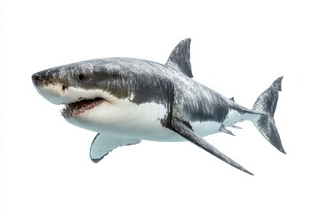 Fototapeta premium Majestic white shark swims gracefully through clear ocean waters, showcasing its powerful body and sharp teeth in a natural marine habitat