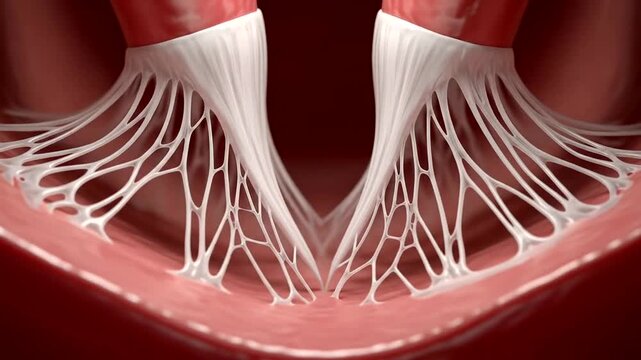 Close-up of heart valve chordae tendineae and papillary muscles.