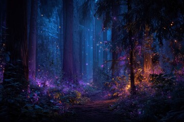Enchanting magical night in a mystical forest filled with glowing lights and vibrant colors