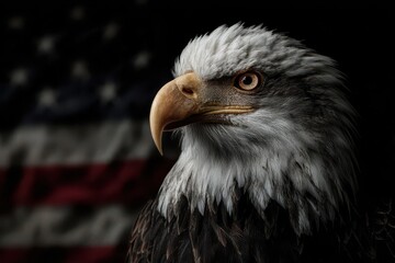Obraz premium North American Bald Eagle perched in front of an American flag displaying strength and symbolism of freedom and patriotism in a powerful portrait