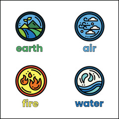 4 Elemental Symbols Vector Set – Earth, Air, Fire, and Water Illustration on White Background. 28.