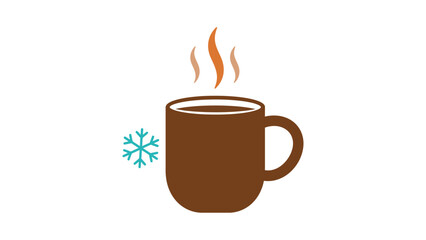 Flat vector of a steaming coffee mug placed beside a small snowflake, minimalist design on white background, cozy winter warmth feeling.