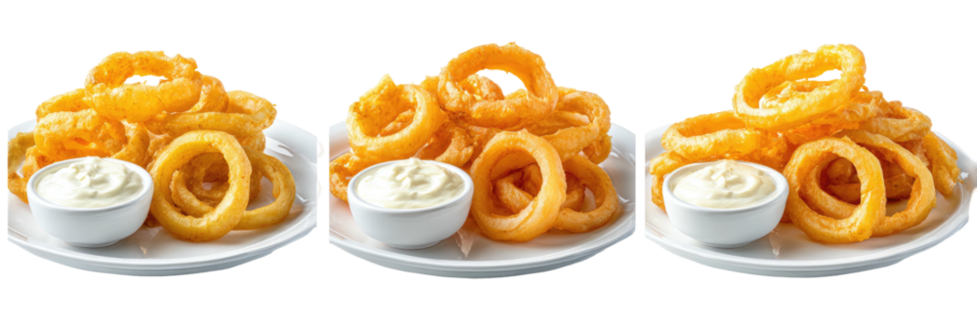 Fried onion rings with creamy dipping sauce on white plates