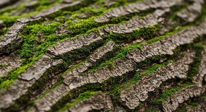 Close-up of Tree Bark with Green Moss on Rough Textured Surface