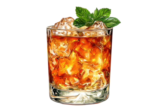 Iced amber drink in a glass garnished with mint leaves