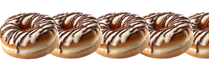 Row of donuts, glazed, drizzled with white and dark topping