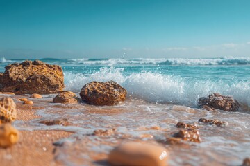 Waves crash against rocks on a serene beach during a sunny day, inviting visitors to explore the beauty of nature and experience the tranquility of coastal tourism
