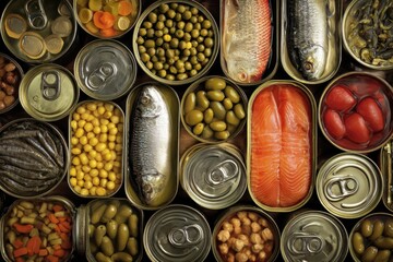 Assortment of processed canned foods including vegetables, fish, fruits, and meats in neatly arranged tins on a wooden surface