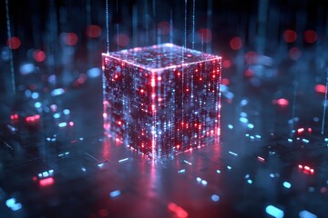 Neon cube illuminated by holographic patterns showcases the fusion of virtual reality and blockchain technology in a futuristic setting