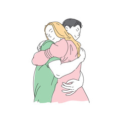 Line drawing of a young man and woman embracing each other. A romantic and attractive newlywed couple spending time together celebrating their anniversary and Valentine's Day.