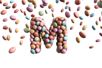 M" formed from candies with many flying candies