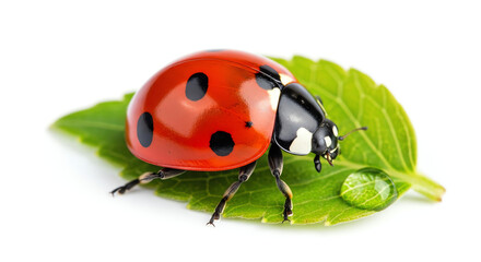 Fototapeta premium Ladybug on green leaf with water droplet