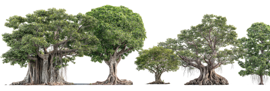 Row of mature, vibrant, green, tropical trees