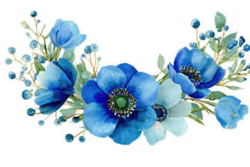 Blue floral watercolor wreath with berries on black