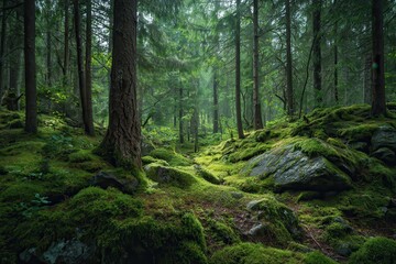 Obraz premium Stunning green mossy forest in Sweden reveals a serene landscape filled with tall trees, rocks, and rich vegetation under soft diffused light